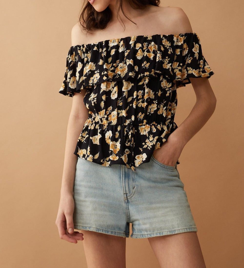 NWT Bohera Aveline Flounce Off-Shoulder Top  Women Sz XL Black Floral Peasant